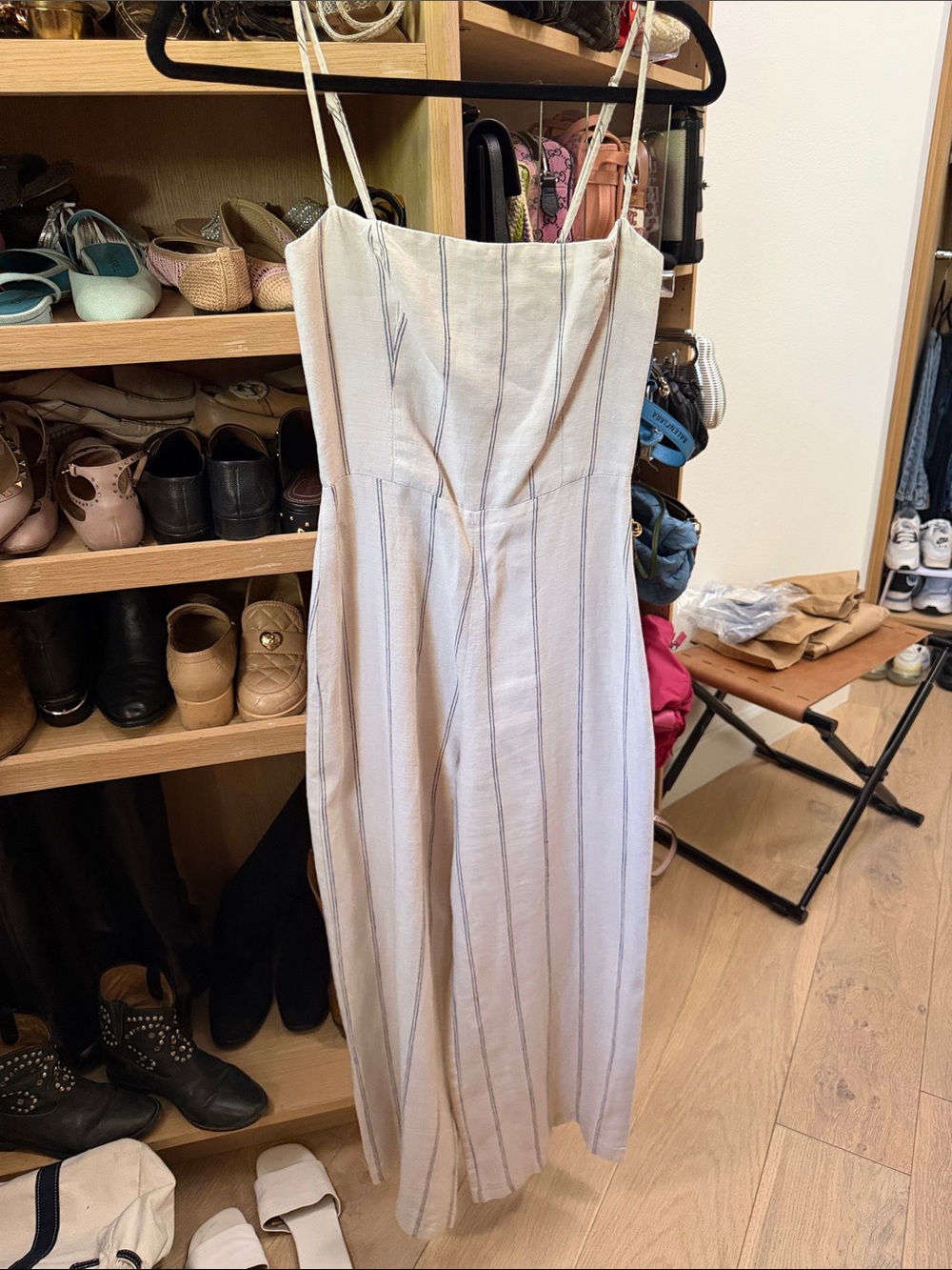 Reformation Cream Jumpsuit with Blue Pinstripes